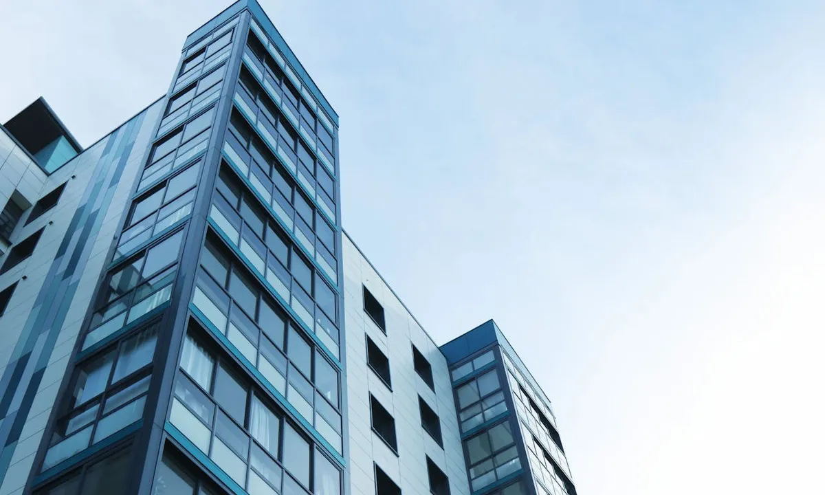 Glass frint apartment blocks from below